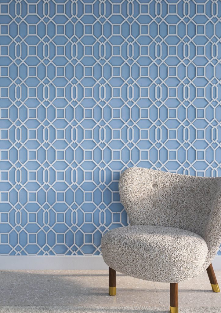 Lincrusta Trellis Wallcovering painted in blue with white highlights