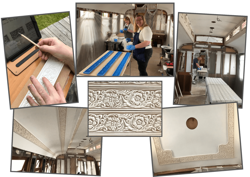 Montage of images showing restoration of LNER train carriage using Lincrusta restoration kit