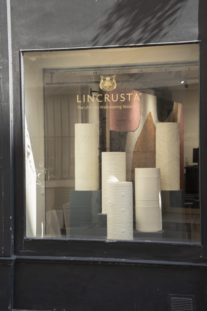 Lincrusta Wallcoverings Pop Up for Paris Deco Home 2022 - Window shot with display of rolls