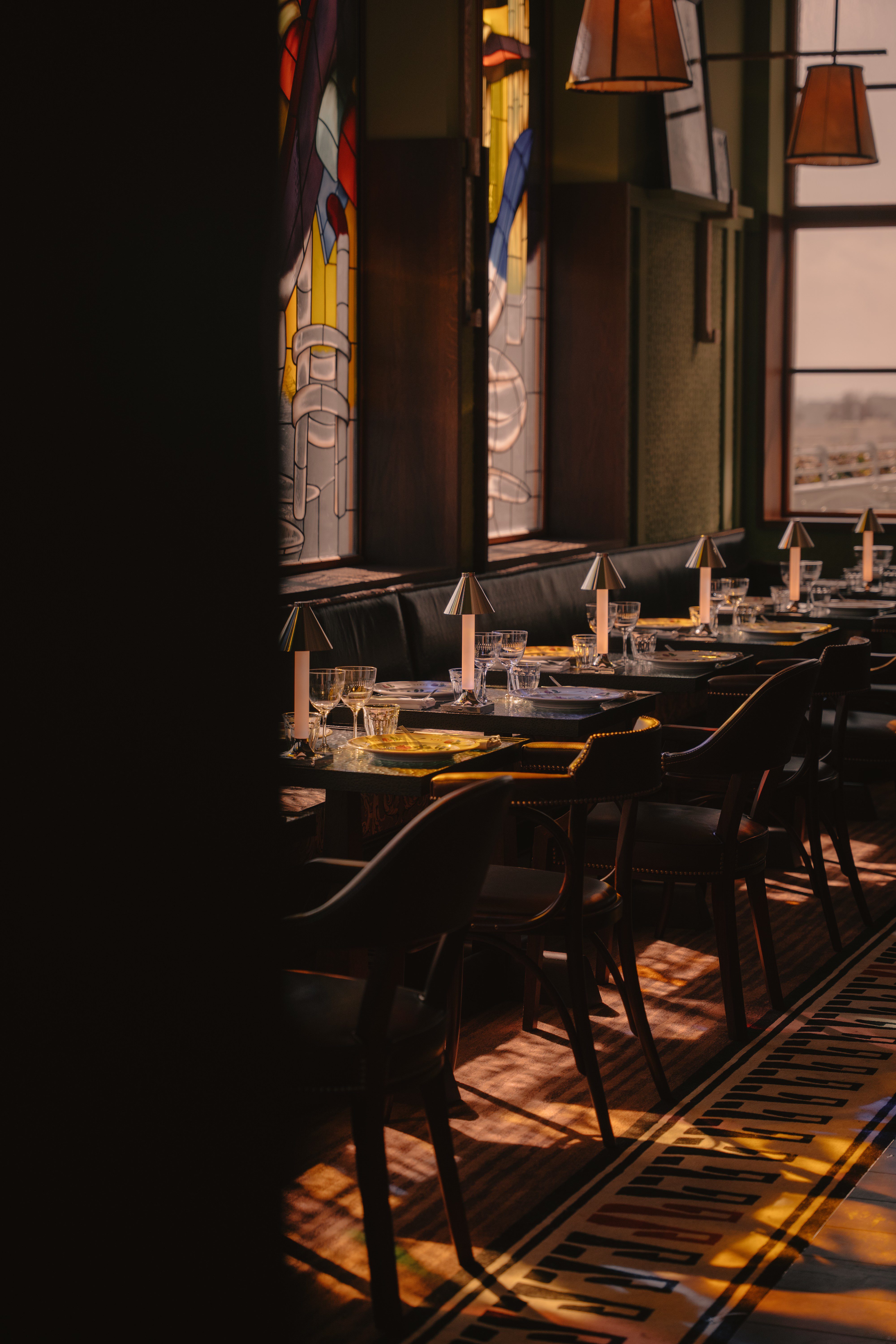 Lincrusta Elizabeth Wallcoverings on columns between windows in Manfred;s restaurant in Philippe Starck Hotel Maison Heler Metz