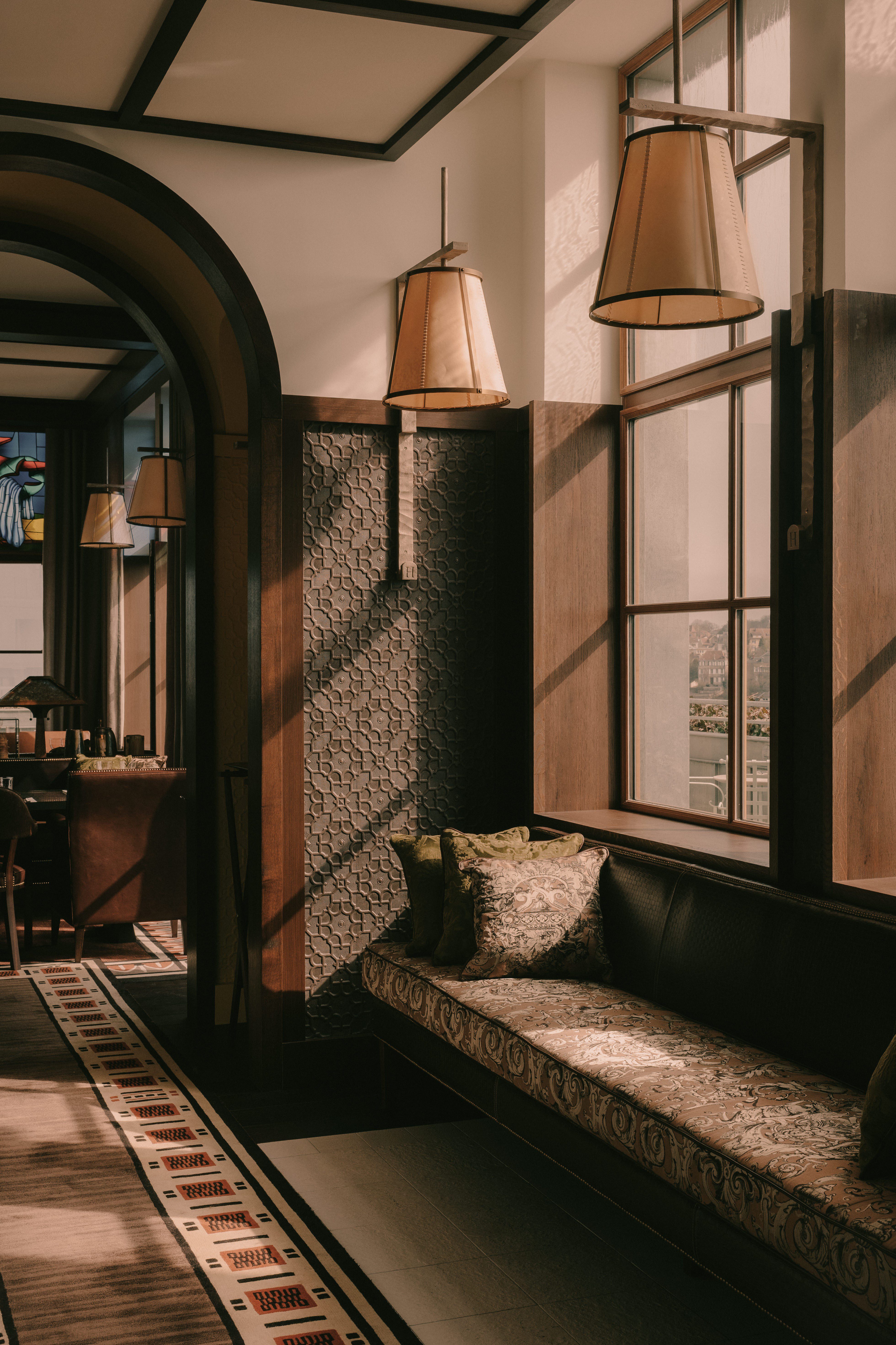 Lincrusta Wallcovering Elizabeth behind Window Seat in Manfred's restaurant in Philippe Starck's hotel Maison Heler Metz