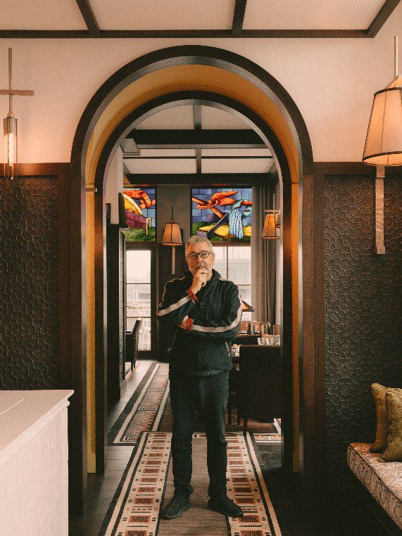 Philippe Starck infrom of Lincrusta Elizabeth Wallcovering at Maison Heler Metz Hotel